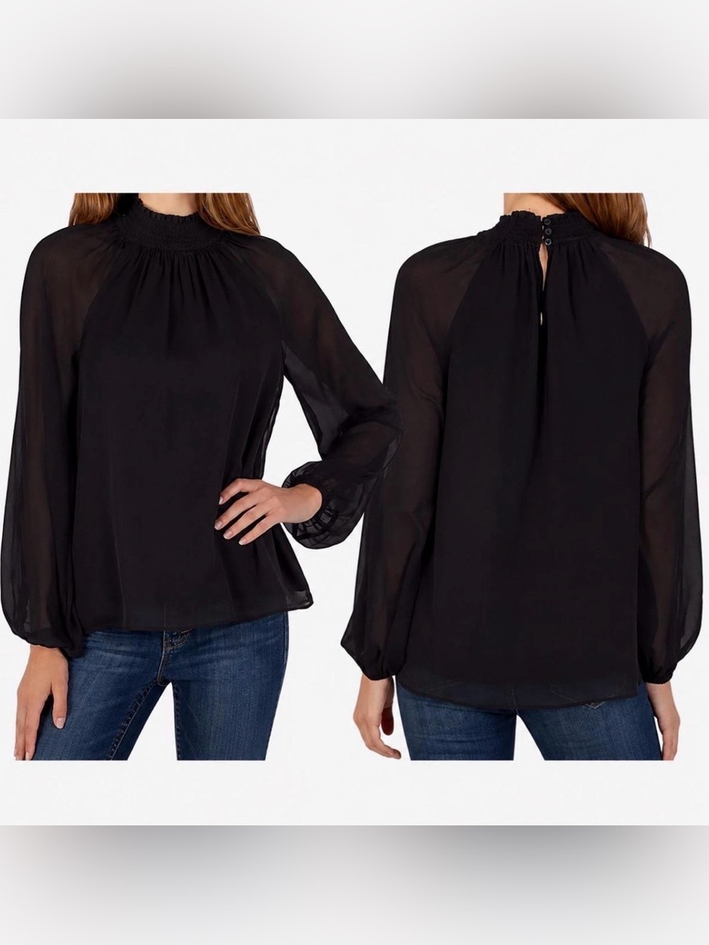 Joie Black Smocked Ruffle Neck Long Sleeve Blouse